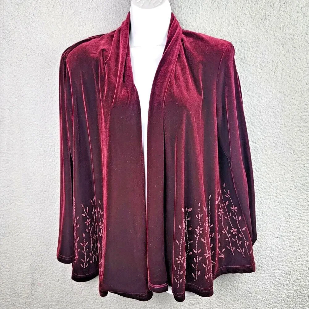 Coldwater Creek Velvet Textured Jacket Wine PM Open Front Luxe Layer